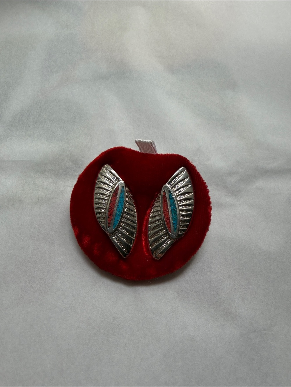 Silver Leaf-Style Earrings with Turquoise & Coral Accent - Women Jewelry marked